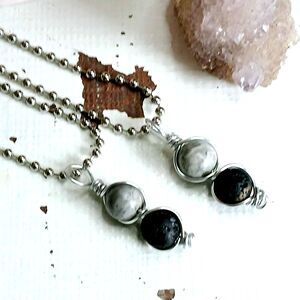 Picasso Jasper & Lava Crystal Necklace, Gemstone Jewelry, 16" Ball Chain